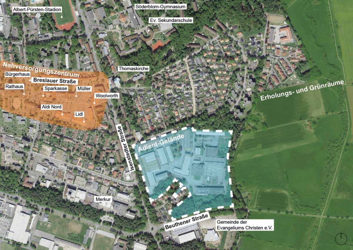 Luftbild des Plangebiets, genordet, Betrachtungsraum weiß umrandet, o.M.
